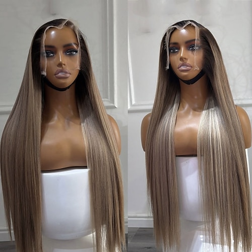 100 % reines Echthaar, 5x5 Closure, 13x4 Lace Front Perücke, freier Scheitel, brasilianisches, glattes, aschblondes Ombré-Haar mit Highlights/Balayage, kleberfrei, für Damen Image
