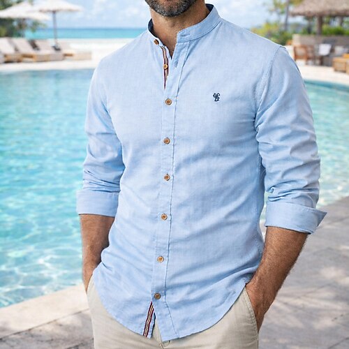 Herren Hemd Leinenhemd Sommerhemd Strandbekleidung Knopfhemd Einfach Urlaub Ferien Blau Schwarz Weiß Marineblau Langarm Kragen Sommer Frühling Bekleidung Bestickt Image