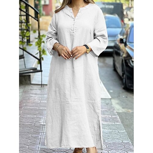 Damen Maxikleid Baumwoll-Leinen-Kleider Hemdblusenkleid Freizeitkleid Elegant Mode Modern Outdoor Urlaub Ausgehen Lässiger Schnitt Einfach Langarm V Ausschnitt Weiß Gelb Rote Burgunderrot Sommer Image