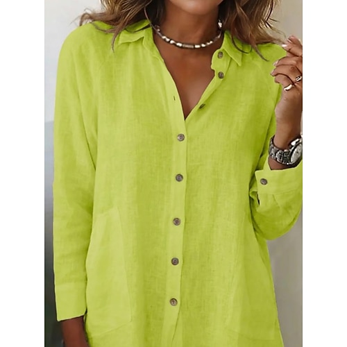 Damenbluse, einfarbig, schlicht, stilvoll, lässig, langärmelig, mit Kragen, regulärer Passform, Knöpfen, blau, weiß, gelb, rosa, Sommer, Frühling Image