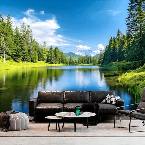 Naturlandschaft mit See, blauem Himmel, weißen Wolken, Spiegelung, grünen Bäumen und gelben Blumen – Wandbehang für Wohnzimmer, Schlafzimmer und Zuhause Image