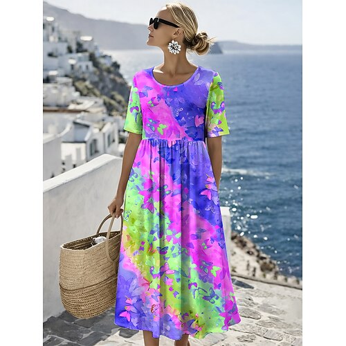Damen Midikleid Shiftkleid Urlaub Lässig Ferien Lässiger Schnitt Ombre Grafik Schmetterling Kurzarm Rundhalsausschnitt Blau Gelb Rosa Purpur Sommer Frühling Image