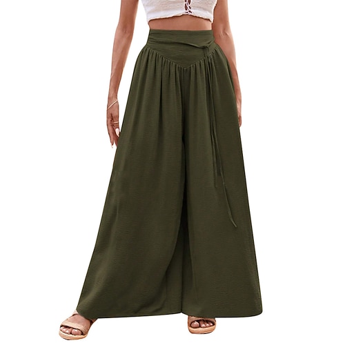 Damen Hose Sommerhose Strandhose Urlaub Mode Alltagstauglich Volle Länge Mittlere Taille Einfarbig Einfach Kordelzug Weites Bein Komfort Schnelltrocknend Weich Hohe Elastizität Streetwear Strand Image