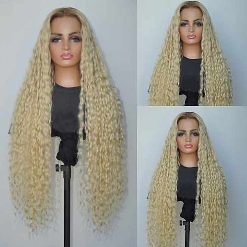 Remy Echthaar 5x5 Verschluss 13x4 Spitzenfront Perücke Mittelscheitel Brasilianisches Haar Lockig Blond Mehrfarbig Perücke 150% 180% Haardichte mit Babyhaaren Ombre-Haar Natürlicher Haaransatz 100 Image