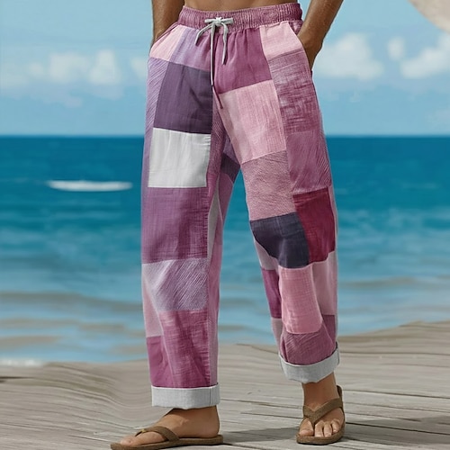 Herren Geometrisch Farbblock Patchwork Hose Baggy-Hosen Freizeithose Mittlere Taille Mode Heim Outdoor Urlaub Elastischer Kordelzug in der Taille Leinenähnliche Hose mit Taschen Sommer Frühling Image