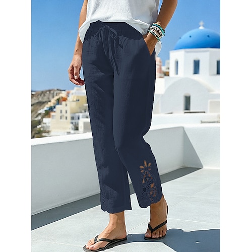 Damen 100% Baumwolle Abgeschnittene Hose Mode Streetwear Komfort Knöchellang Mittlere Taille Einfach Spitze Bequem Straße Alltagskleidung Ausgehen Schwarz Weiß Blau Grün Sommer Normale Passform Image