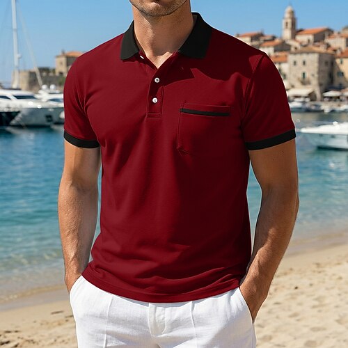 Herren Golfshirt Piqué-Poloshirt Lässig Arbeit Revers Gerippter Polokragen Kurzarm Basic Modern Farbblock Patchwork Tasche Sommer Frühling Sommer Normale Passform Schwarz Burgunderrot Marineblau Image