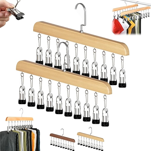 2er-Pack Kleiderschrank-Organizer mit 10 Clips – platzsparender Hänge-Kleiderschrank-Organizer, 360° drehbare Metallclips mit Silikonbeschichtung, multifunktionale Kleiderhaken aus Massivholz für Image