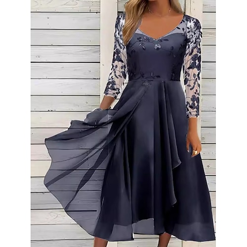 Damen Midikleid Spitzenkleid Freizeitkleid Chiffonkleid Blumenkleid Elegant Mode Modern Outdoor Urlaub Ausgehen Normale Passform Blumen Langarm V Ausschnitt Schwarz Sommer Frühling Image