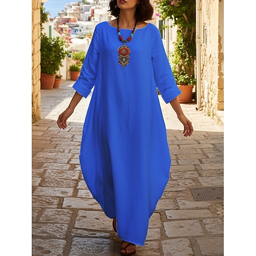 Damen Maxikleid Kunstbaumwollleinen Boho-Kleid Kaftan Kleid Freizeitkleid Elegant Mode Modern Outdoor Urlaub Ausgehen Lässiger Schnitt Einfach Langarm Rundhalsausschnitt Blau Schwarz Weiß Rote Image