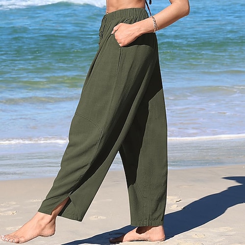 Damen Hose Sommerhose Strandhose Urlaub Mode Alltagstauglich Volle Länge Hohe Taille Einfarbig Einfach Kordelzug Weites Bein Komfort Bequem Unelastisch Streetwear Strand Ferien Dunkelbraun Armee-Grün Image