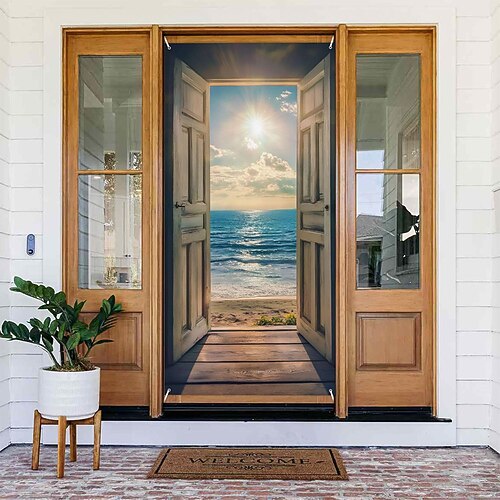 Türvorhang mit sonnigem Strandmotiv, offene Tür zum Meerblick, 3D-Perspektive, Wandbehang, Raumteiler für Schlafzimmer, Küche, Eingangsbereich, Wohndekoration Image