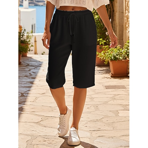 Damen Shorts Sommershorts Baggy-Shorts Urlaub Lässig Boho Knielang Mittlere Taillenlinie Einfach Tasche Elastischer Bund Komfort Mikroelastisch Täglich Outdoor Urlaub Schwarz Weiß Marinenblau Khaki Image