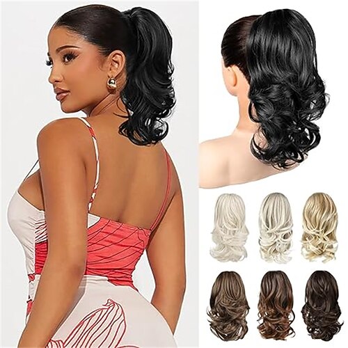 Pferdeschwanzverlängerung – 35,5 cm lange, mit Clips befestigte, natürlich weiche, synthetische, gestufte und gewellte Pferdeschwanz-Haarteile für Damen – Platinblond Image