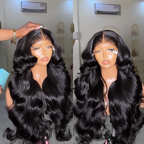 Echthaar 5x5 Verschluss 13x4 Spitzenfront Perücke Mittelscheitel Brasilianisches Haar Bodywave Natürlich Perücke 150% 180% Haardichte mit Babyhaaren Glatt Natürlicher Haaransatz 100% Unbehandelt Image