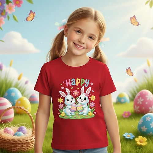 Oster-T-Shirt für Mädchen aus 100 % Baumwolle, blau, schwarz, weiß, mit Hasenmotiv, Rundhalsausschnitt, Kurzarm, für Alltag, Outdoor, Streetwear, Sport, Freizeit, Sommer, Frühling Image