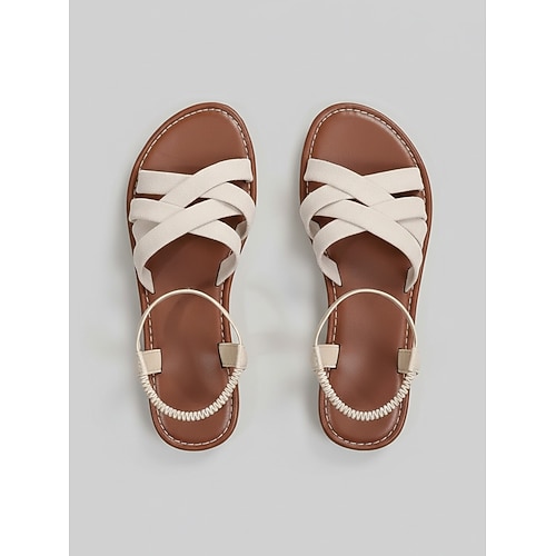 Gelbe, flache Damen-Sandalen mit gekreuzten Riemen – leichte Freizeitschuhe für Strand, Urlaub, Spaziergänge und den Alltag Image