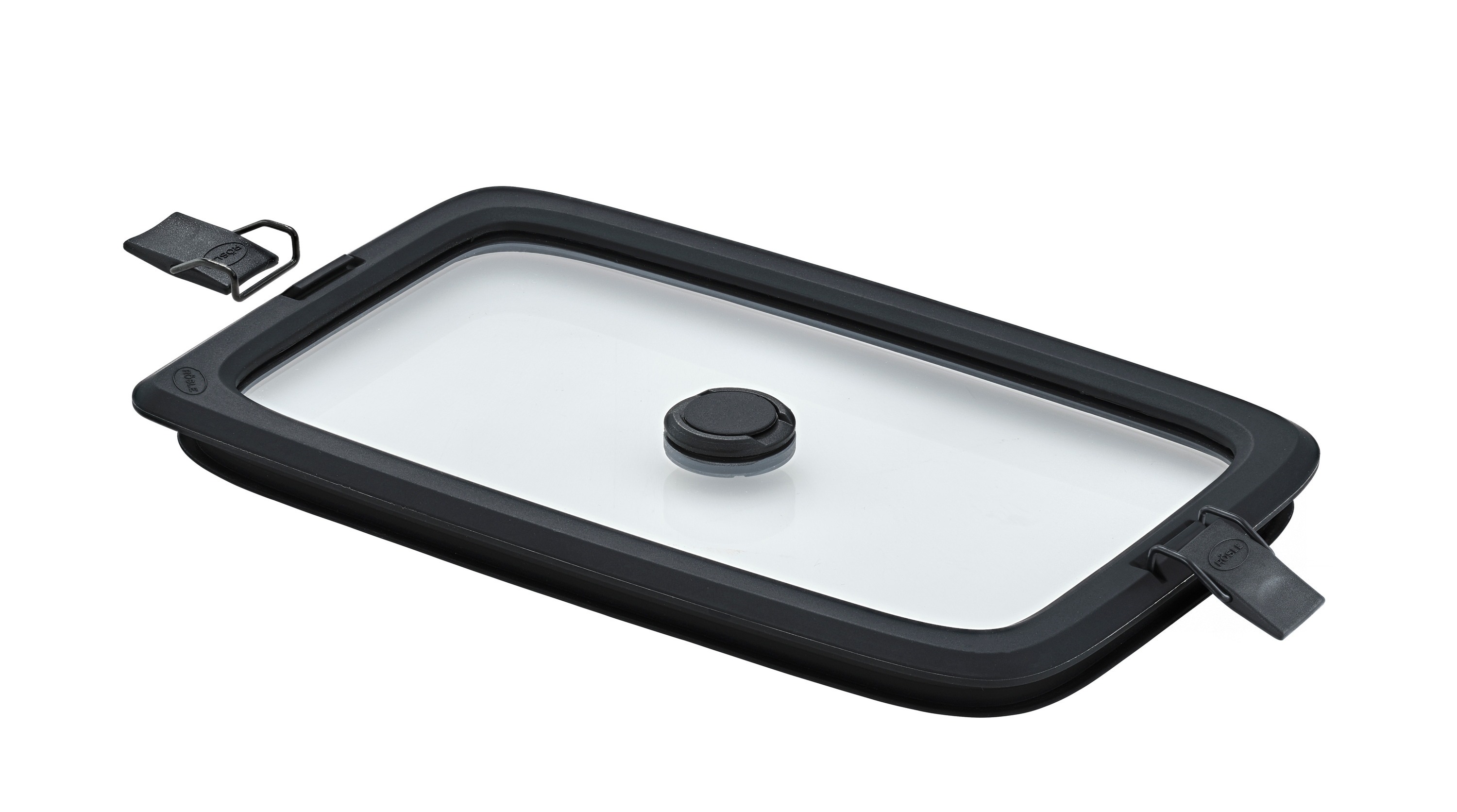 Deckel RÖSLE "Vakuumdeckel FLEXX 2GO 1,0 L eckig mit Clips", silberfarben, schwarz, B:14,5cm H:1,9cm L:23,2cm, Glas, Silikon, Deckel, Deckel für 1,0 L Dose FLEXX 2GO Image