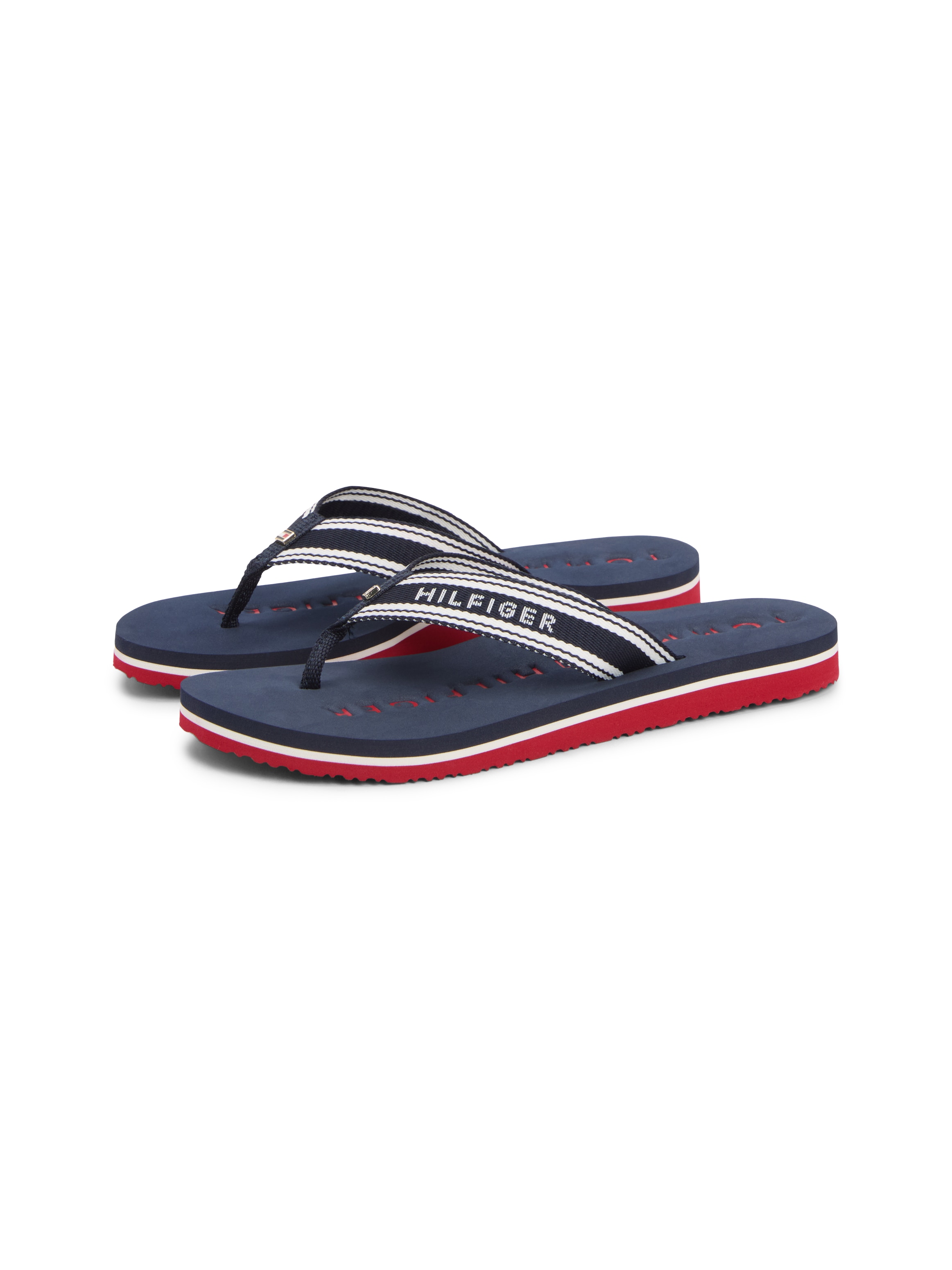 Zehentrenner TOMMY HILFIGER "TH WEBBING SUMMER SANDAL", Damen, Gr. 40, dunkelblau, weiß, rot, Textil, unifarben mit Farbeinsätzen, Basic, Schuhe Zehentrenner, Sommerschuh, Strandschuh, Dianette mit Streifen und Logoschriftzug