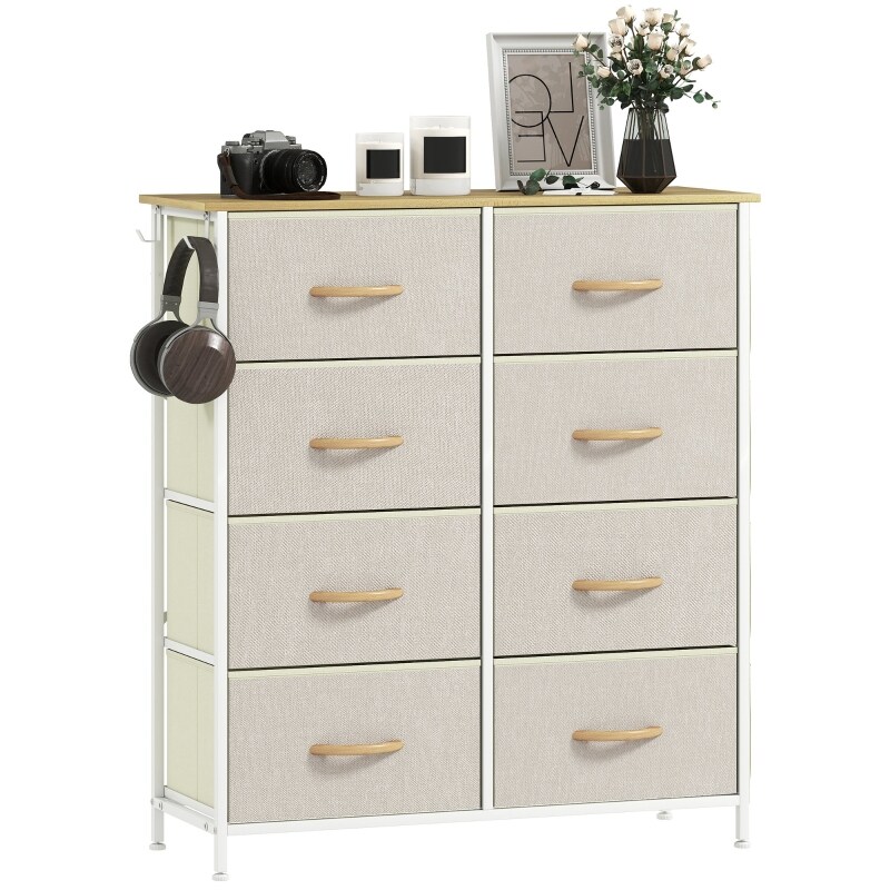 OKWISH Kommode 86x30x95 cm mit 8 Stoffschubladen und Taschen, Stahlgestell mit Kippsicherung, Holzoptik Ablage, Beige Image
