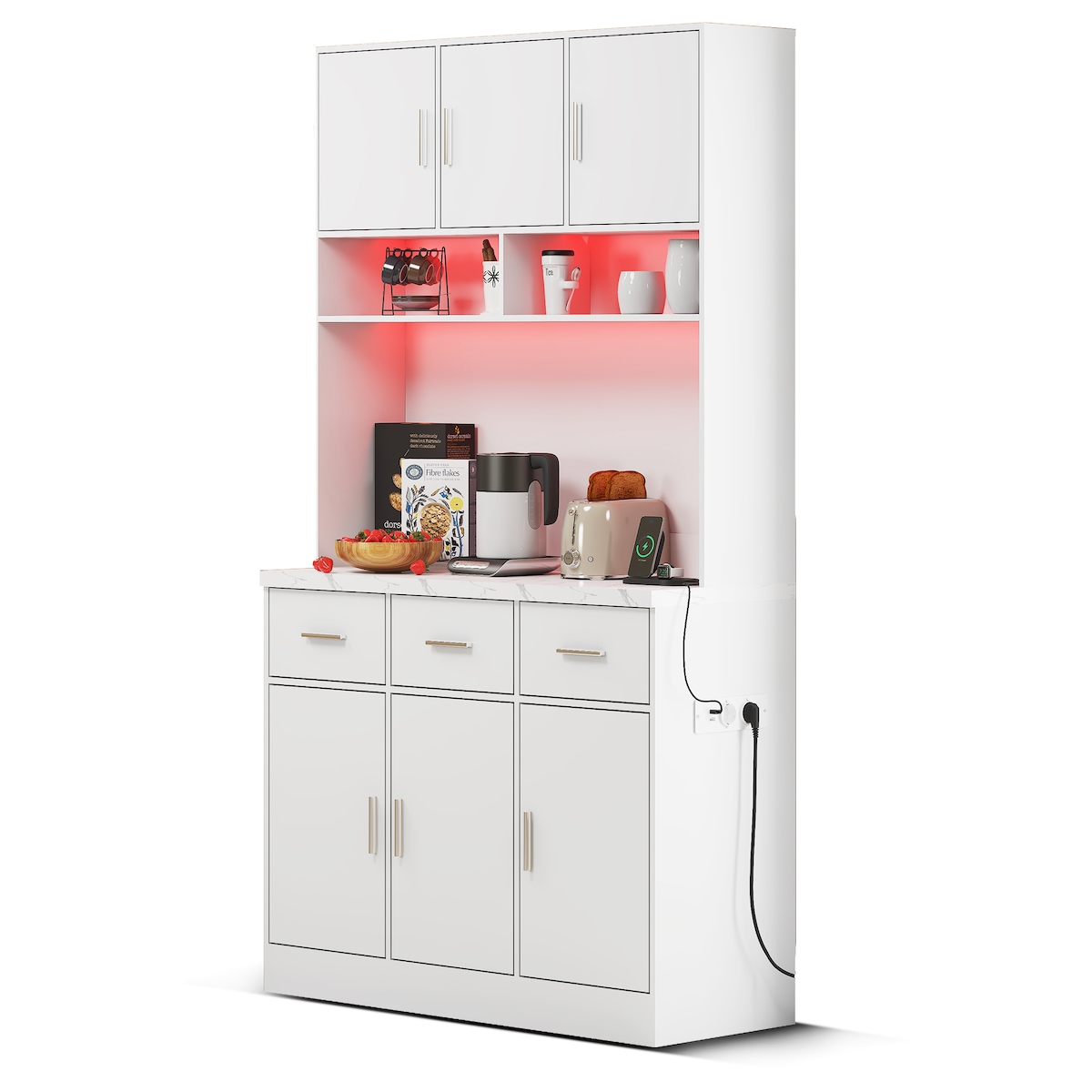 MODFU Buffetschrank 100x40x180 cm Weiß mit LED-Beleuchtung APP Steuerung, 3 Schubladen, 6 Türen, verstellbaren Einlegeböden und Steckdose mit USB Image