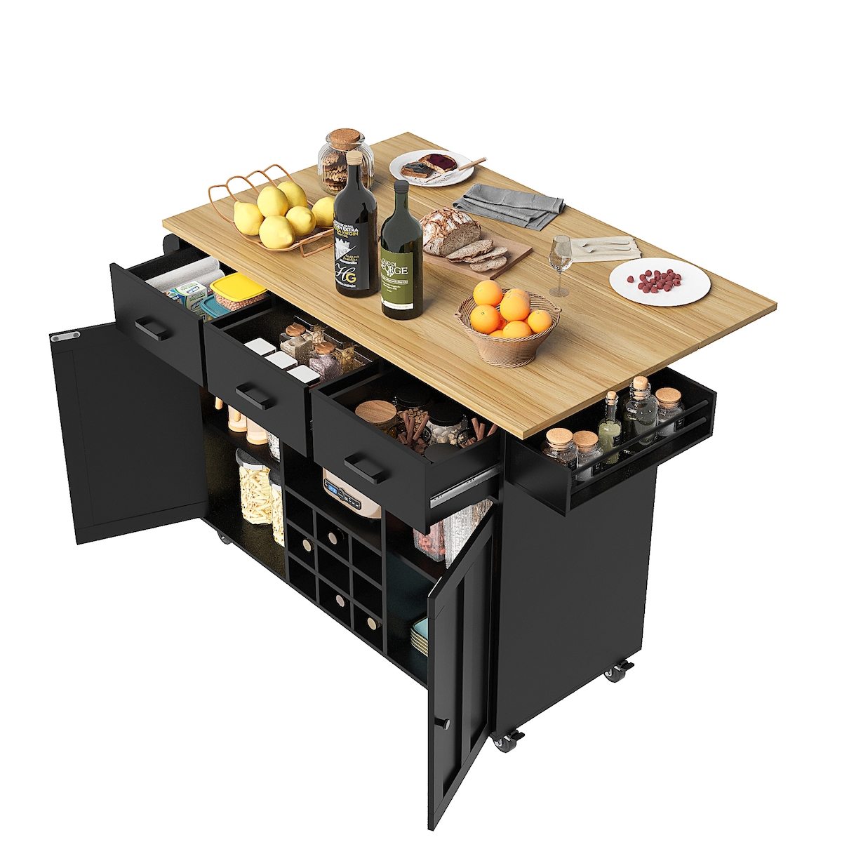 OKWISH Küchenwagen 92x124x65 cm mit klappbarer Tischplatte 65 cm, 3 Schubladen, 2 Türen, Gewürzregal und Handtuchhalter, Schwarz Image