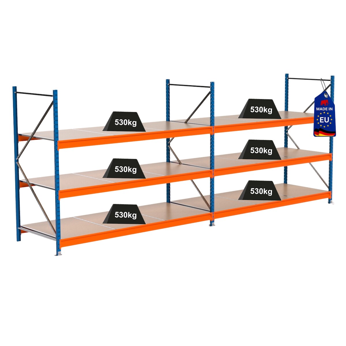 PROREGAL Industrie Schwerlastregal MAXIMUS PRO, Komplettregal, HxBxT 200x500x100cm, 3 Ebenen, Spanplatten-Fachboden, Fachlast 530 kg, Blau/Orange Image