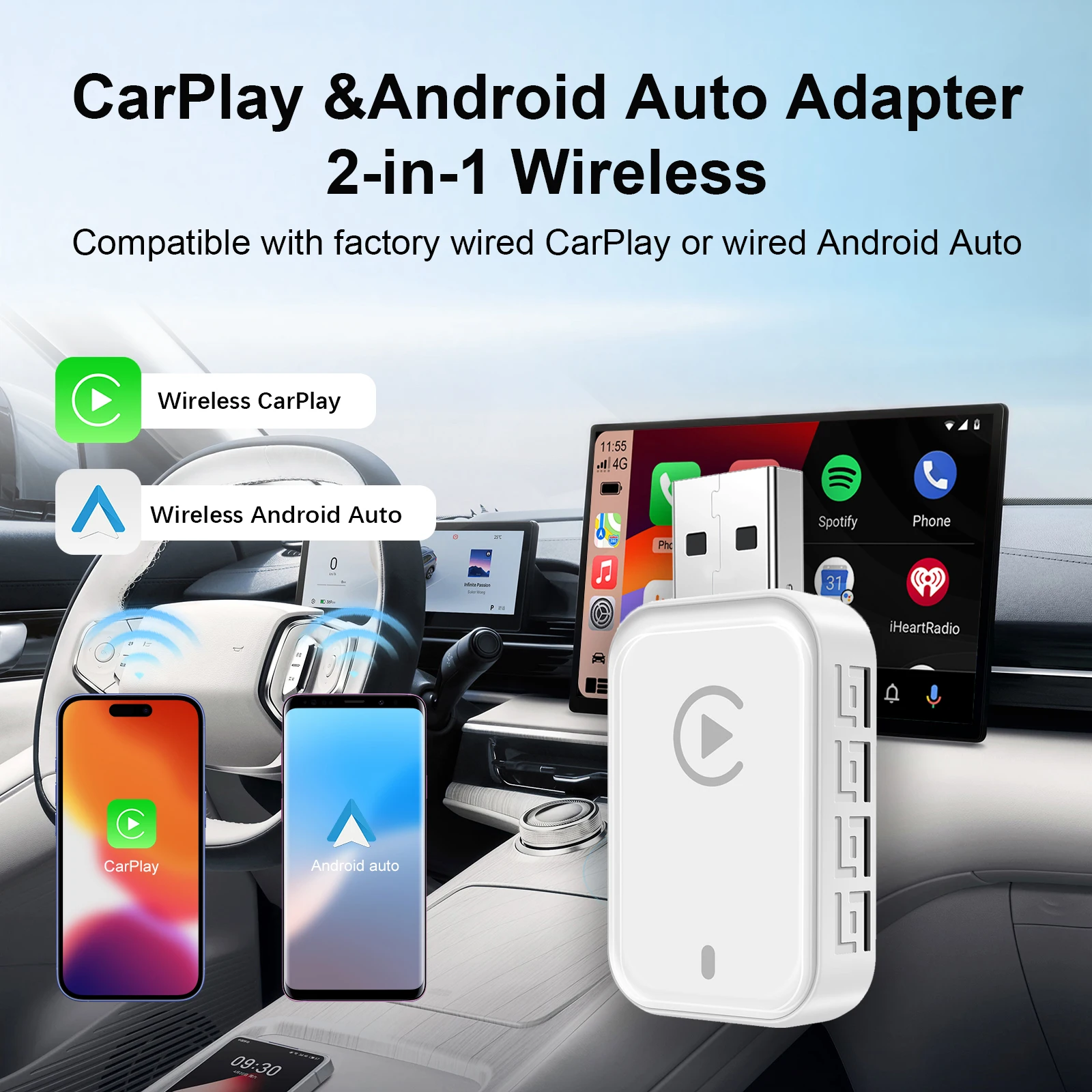 2-in-1 Wireless CarPlay Android Auto Adapter Plug and Play für OEM-Autosysteme mit kompaktem Design, kompatibel mit 99 % von Autos Image