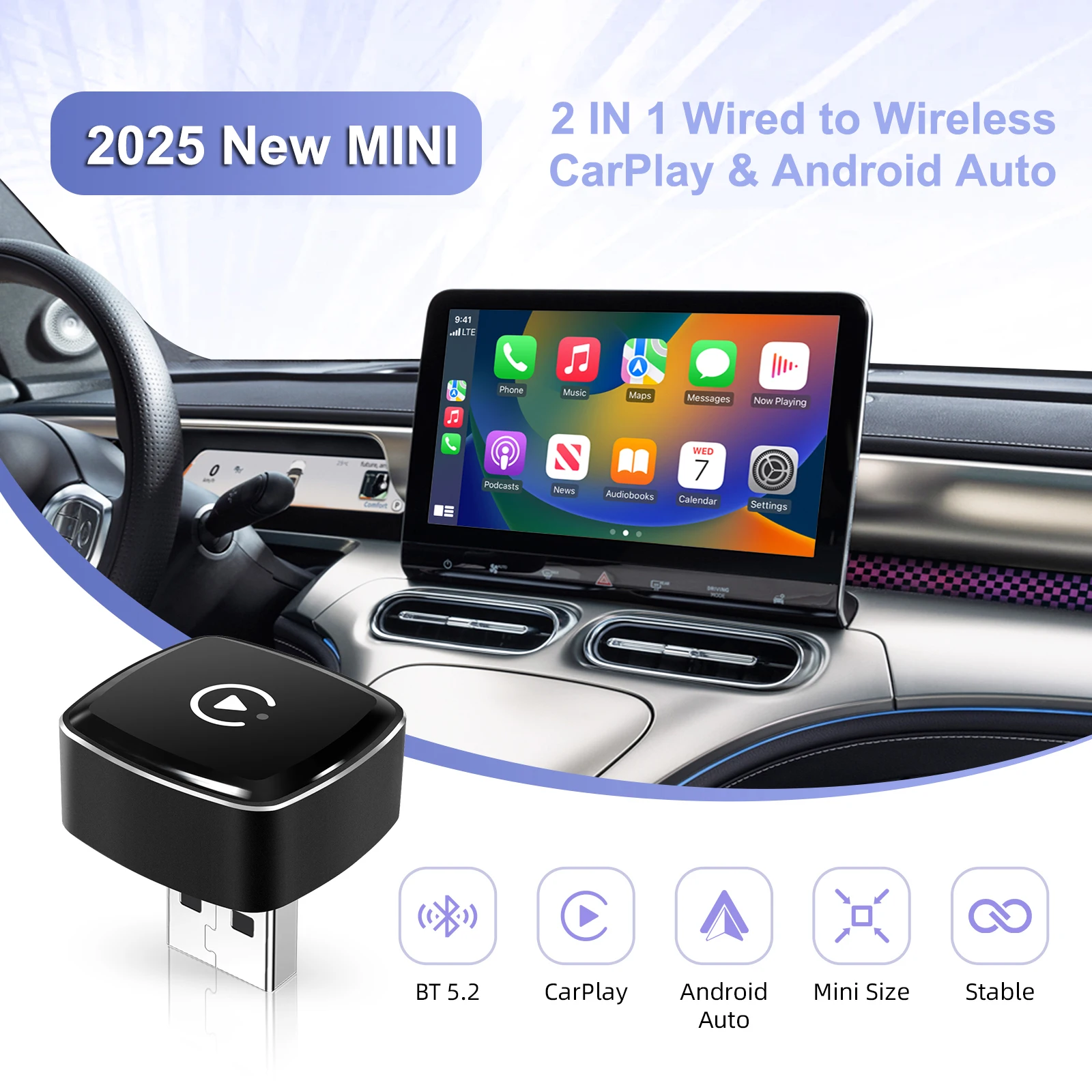 2025 NEUER 2-in-1-Wireless-CarPlay- und Android-Auto-Adapter, ultrakompakter Universal-Dongle für werkseitig verkabelte Autos, Plug&Play mit WLAN und BT Image