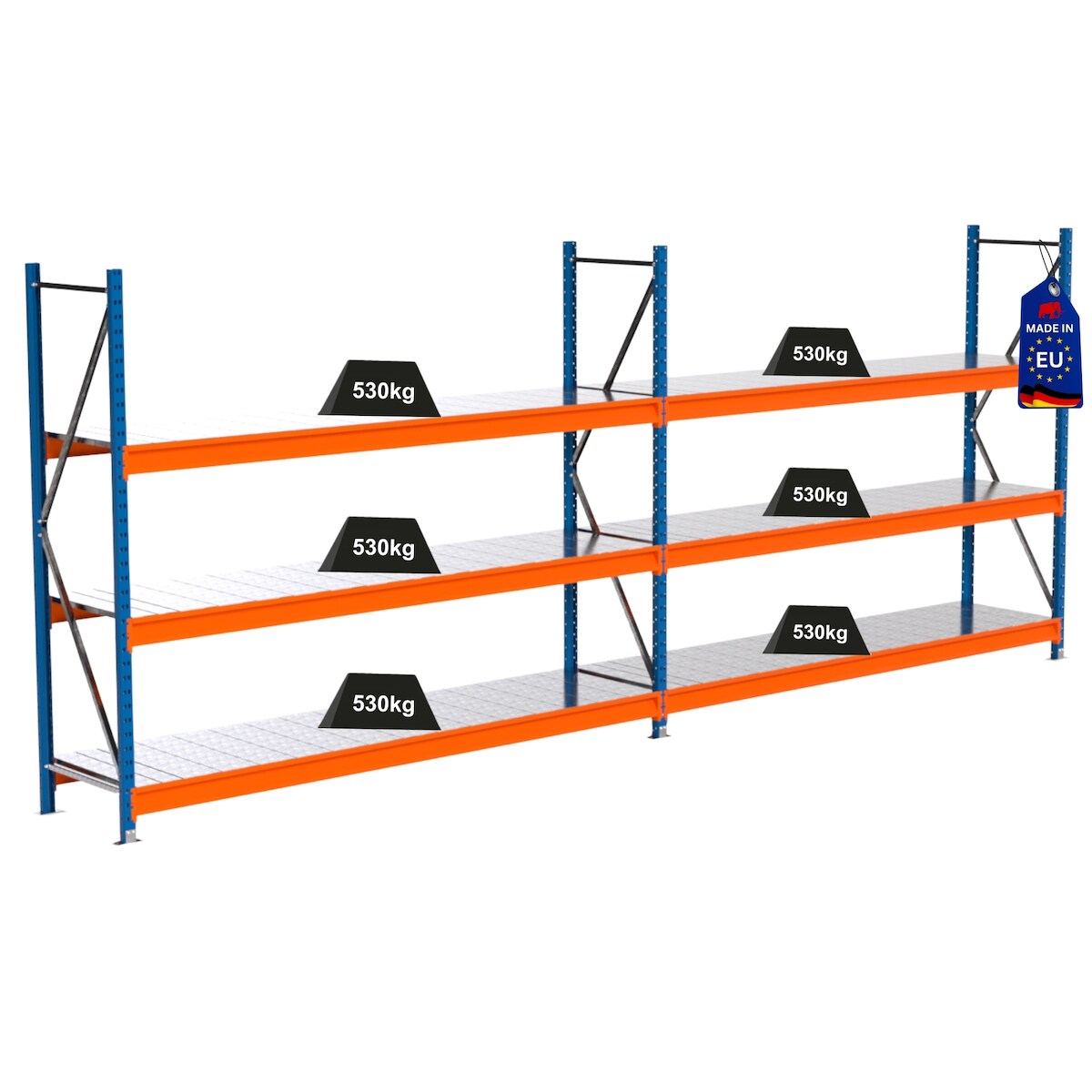 PROREGAL Industrie Schwerlastregal MAXIMUS PRO, Komplettregal, HxBxT 200x500x60cm, 3 Ebenen, Stahlplatten-Fachboden, Fachlast 530 kg, Blau/Orange Image