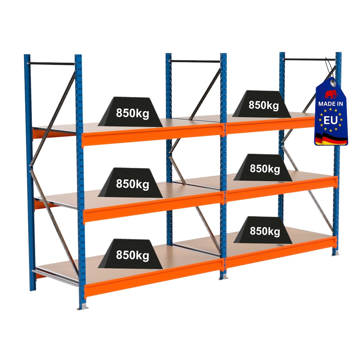 PROREGAL Industrie Schwerlastregal MAXIMUS PRO, Komplettregal, HxBxT 200x300x80cm, 3 Ebenen, Spanplatten-Fachboden, Fachlast 850 kg, Blau/Orange Image