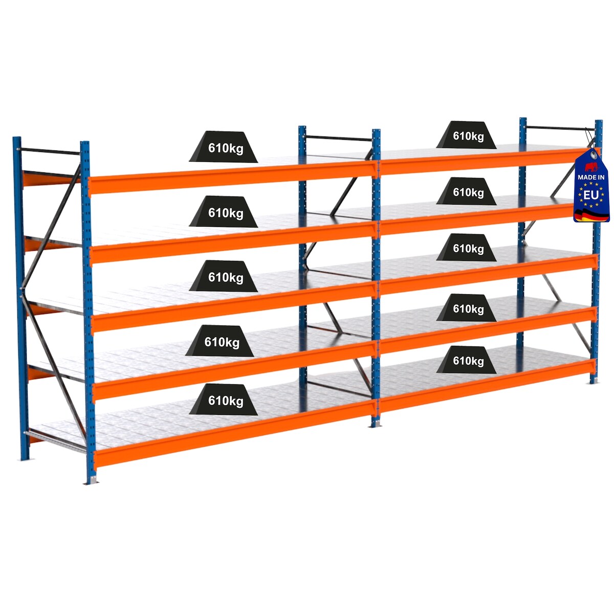 PROREGAL Industrie Schwerlastregal MAXIMUS PRO, Komplettregal, HxBxT 200x450x80cm, 5 Ebenen, Stahlplatten-Fachboden, Fachlast 610 kg, Blau/Orange Image