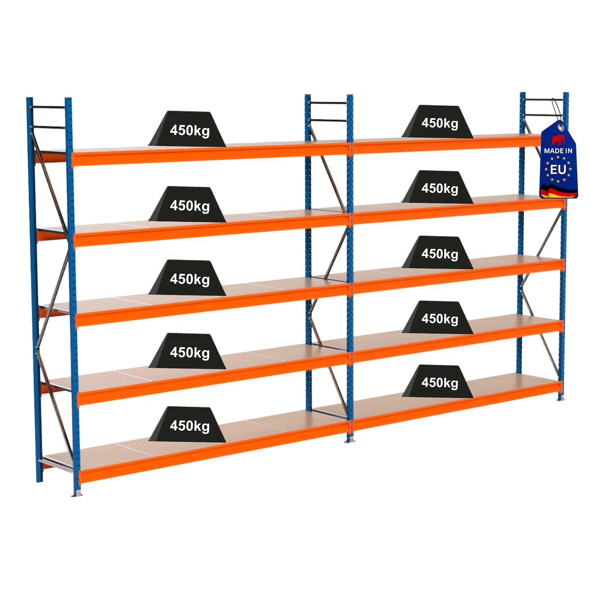 PROREGAL Industrie Schwerlastregal MAXIMUS PRO, Komplettregal, HxBxT 300x550x60cm, 5 Ebenen, Spanplatten-Fachboden, Fachlast 450 kg, Blau/Orange Image