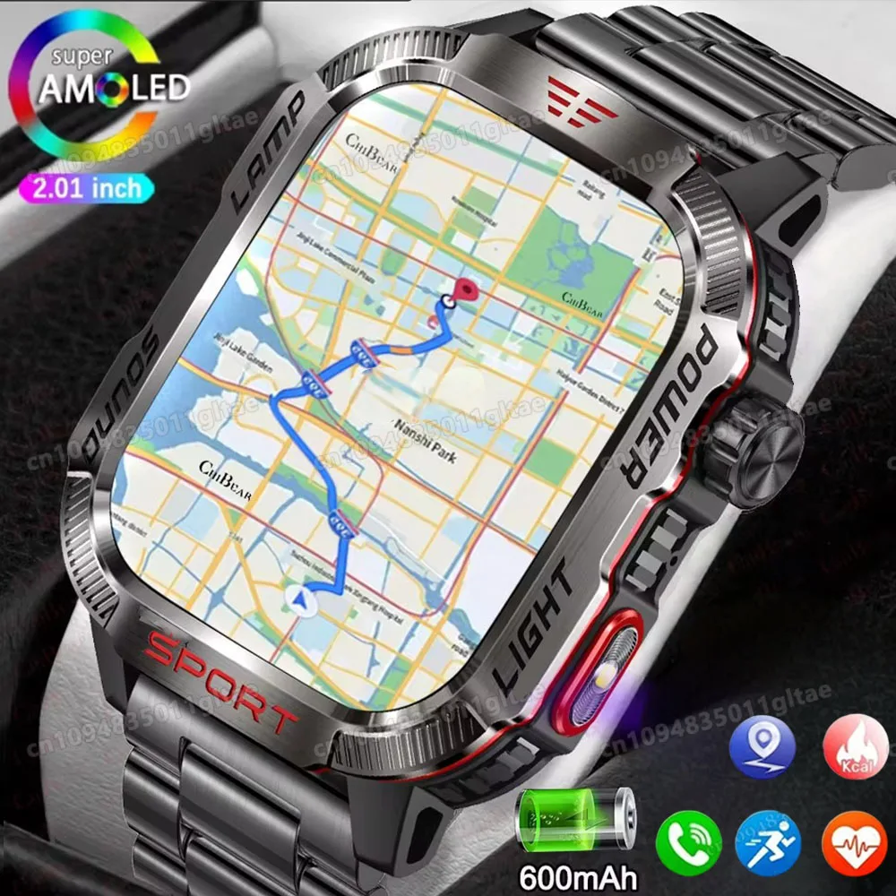 Outdoor-Sport-Smartwatch für Damen und Herren, 2,01 Zoll, GPS-Tracker, LED-Taschenlampe, 600 mAh Akku, wasserdicht, Bluetooth-Anruf, Smartwatch für Herren Image