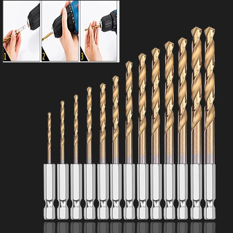 13-teiliges Bohrset mit sechseckigem Schaft für Fried Dough Twists, Hochgeschwindigkeitsstahl, elektrische Bohrmaschine, zum Bohren von Holz, Kunststoff, titanbeschichtet, Fried Dough Image