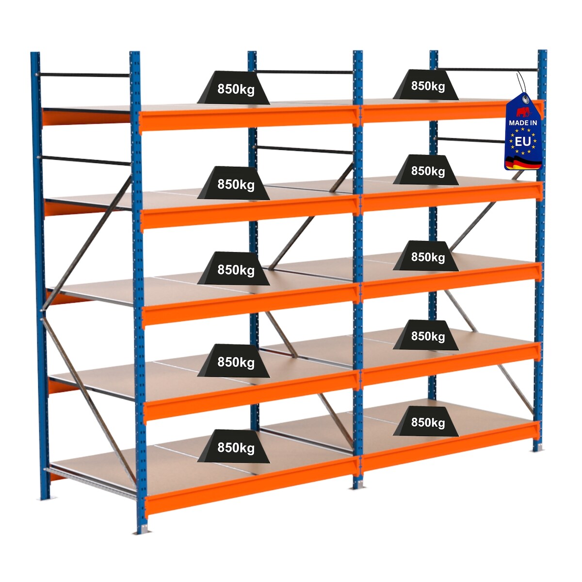 PROREGAL Industrie Schwerlastregal MAXIMUS PRO, Komplettregal, HxBxT 250x300x100cm, 5 Ebenen, Spanplatten-Fachboden, Fachlast 850 kg, Blau/Orange Image