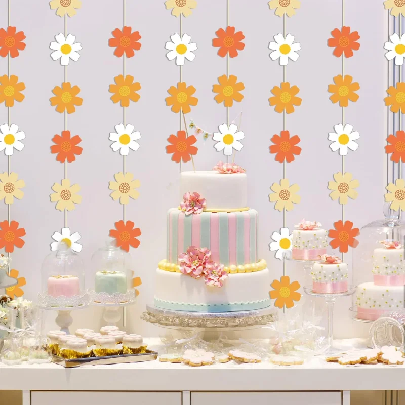 5 Stück Groovy Boho Party Hängende Banner & Retro Hippie Party Deko - Gänseblümchen Papierfiguren für Mädchen Geburtstag Image