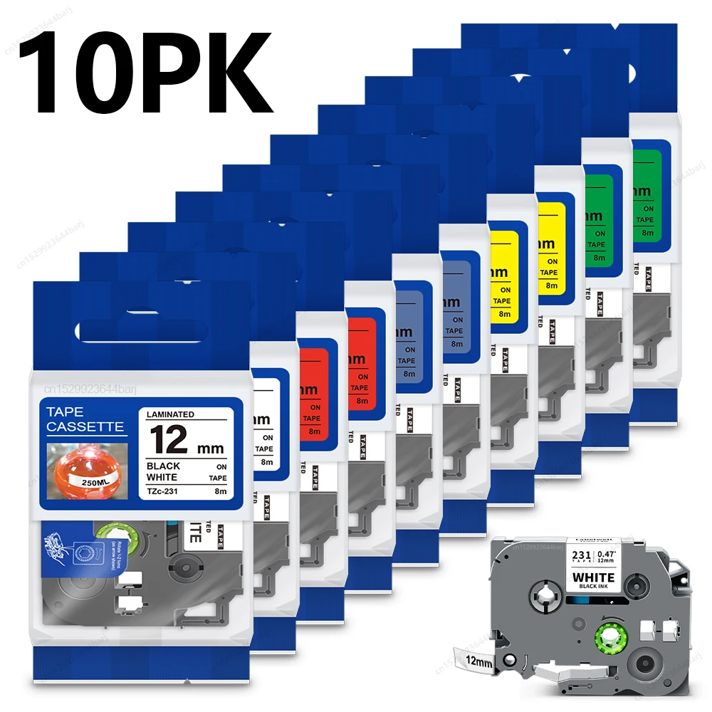 2er-Pack/10er-Pack TZe231 Kompatibel mit Brother P-Touch TZe-231 Band 12mm TZ231 TZe 231 Schwarz auf Weiß für Brother PTH110 Etikettendrucker Image