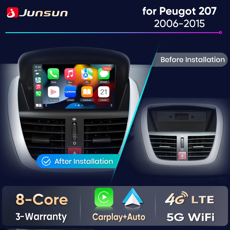 Junsun 7" Wireless CarPlay Android Auto Autoradio für PEUGEOT 207 207CC 2006 2007 2008-2015 GPS Stereo Multimedia WiFi 4G 8core Image