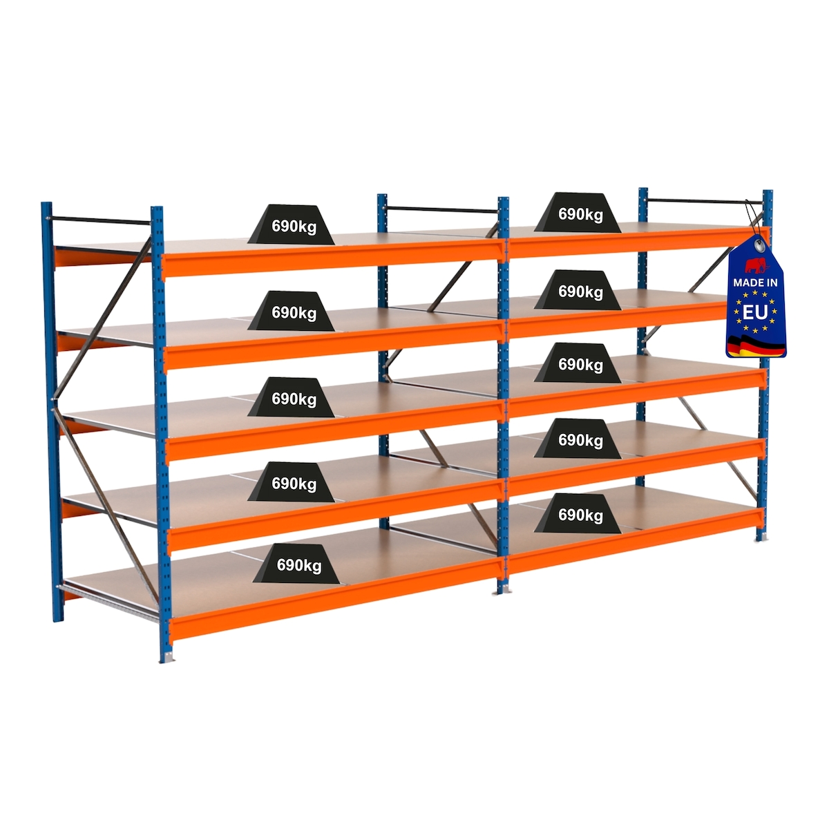 PROREGAL Industrie Schwerlastregal MAXIMUS PRO, Komplettregal, HxBxT 200x400x100cm, 5 Ebenen, Spanplatten-Fachboden, Fachlast 690 kg, Blau/Orange Image