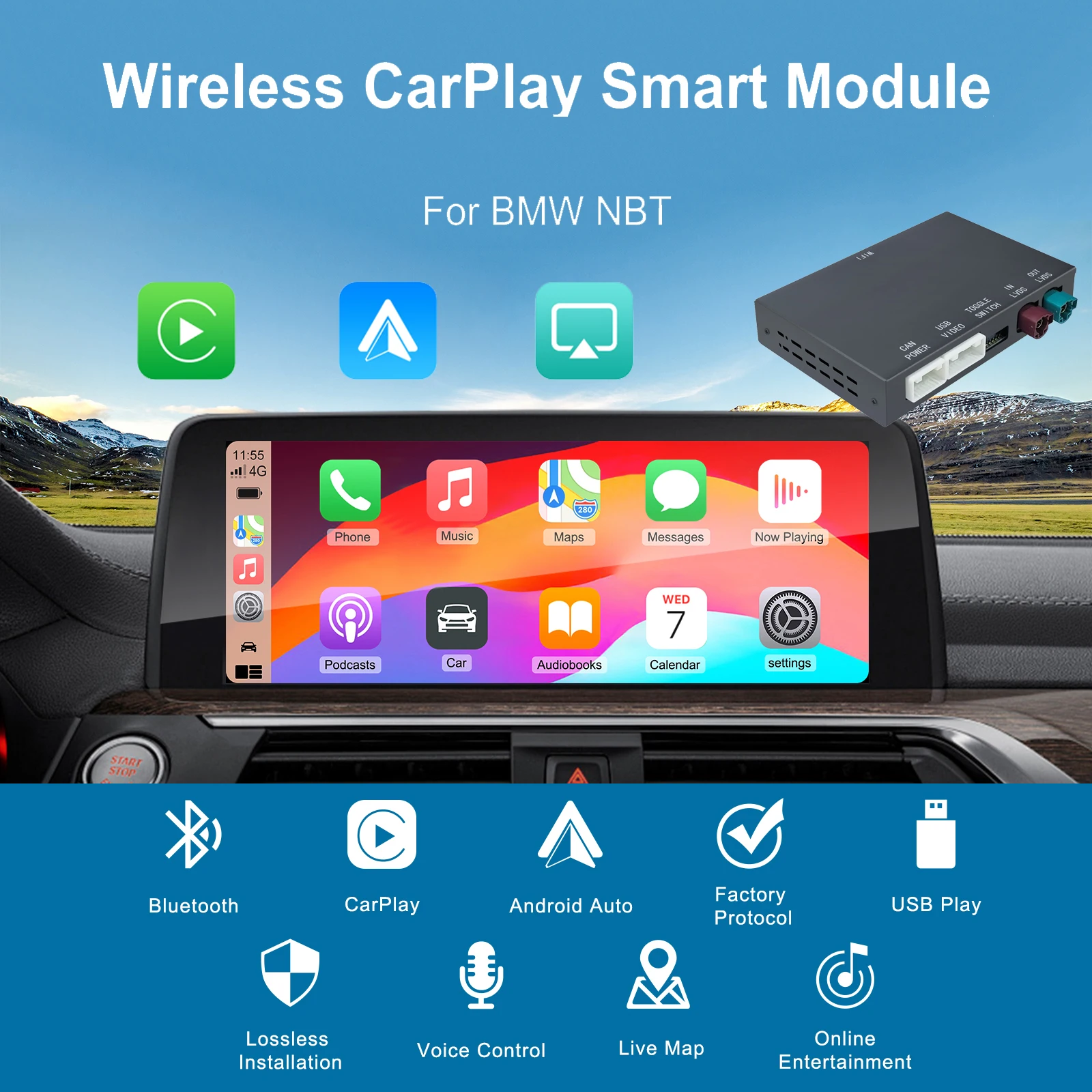 Drahtloses CarPlay & Android Auto Retrofit Kit Decoder Box für BMW NBT ID4 Head Unit System Halten Sie den OEM-Bildschirm und die Steuerungsunterstützung Image