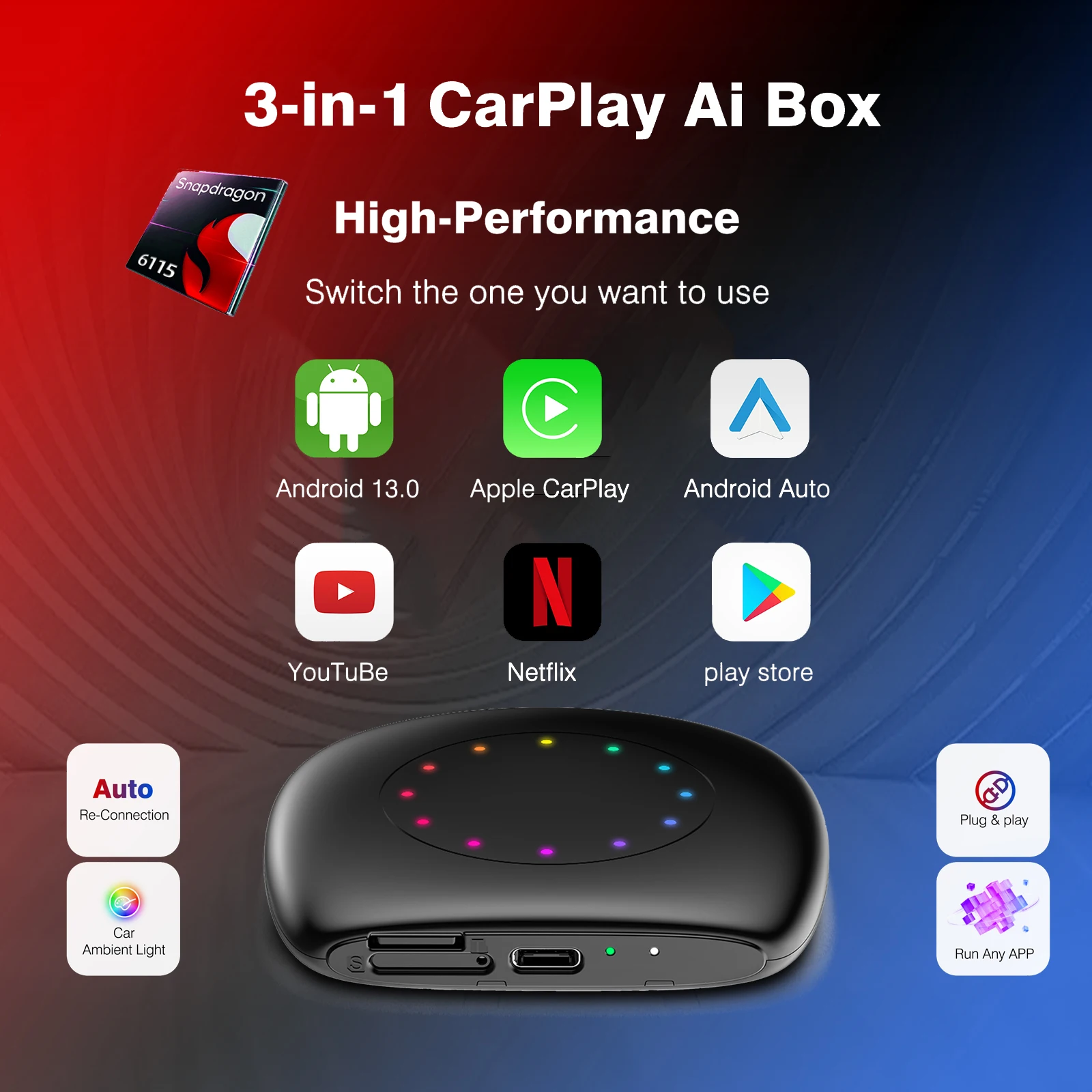 3-in-1 Smart AI Android Box Wireless CarPlay/Android Auto Android13 8Core 4+64GB/8+128GB 5G WiFi 4G LTE Plug & Play Integriertes GPS Image