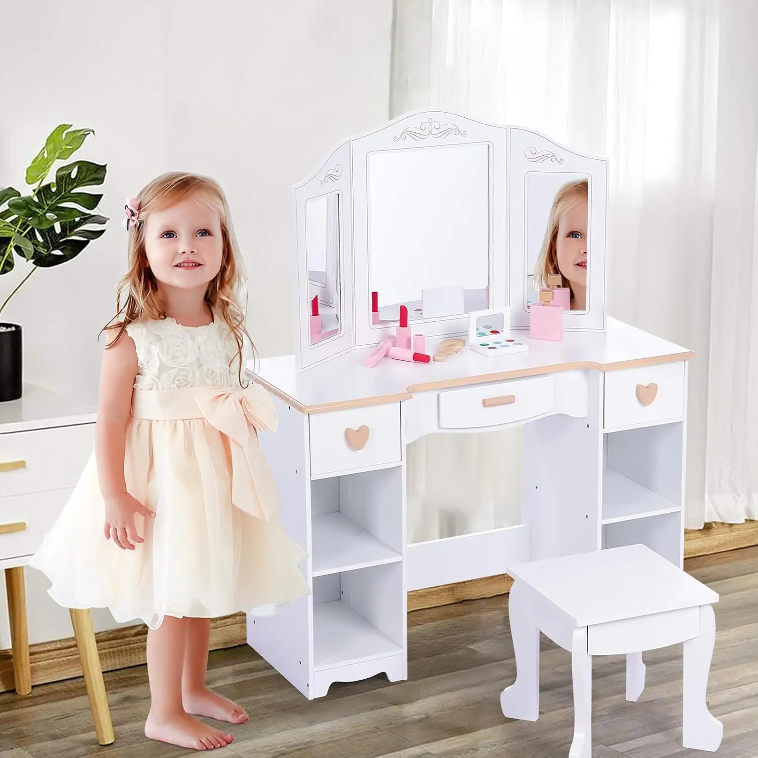 Kinder-Waschtischset mit dreifach klappbarem Spiegel und Hocker, Prinzessinnen-Make-up-Schreibtisch und Stuhl, Rollenspiel-Schminktisch aus Holz für kleine Mädchen