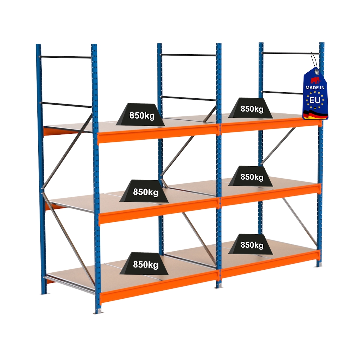 PROREGAL Industrie Schwerlastregal MAXIMUS PRO, Komplettregal, HxBxT 250x300x100cm, 3 Ebenen, Spanplatten-Fachboden, Fachlast 850 kg, Blau/Orange Image