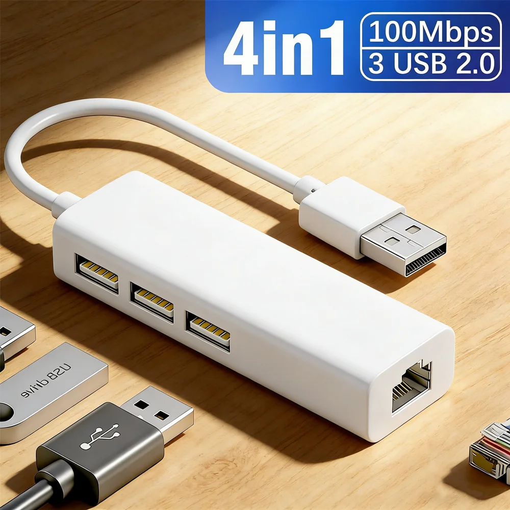 4-in-1 Netzwerkkonverter: 3-Port USB 2.0 Hub + 100Mbps Ethernet-Adapter, Treiberlos Plug & Play für Laptop/PC/Desktop Image
