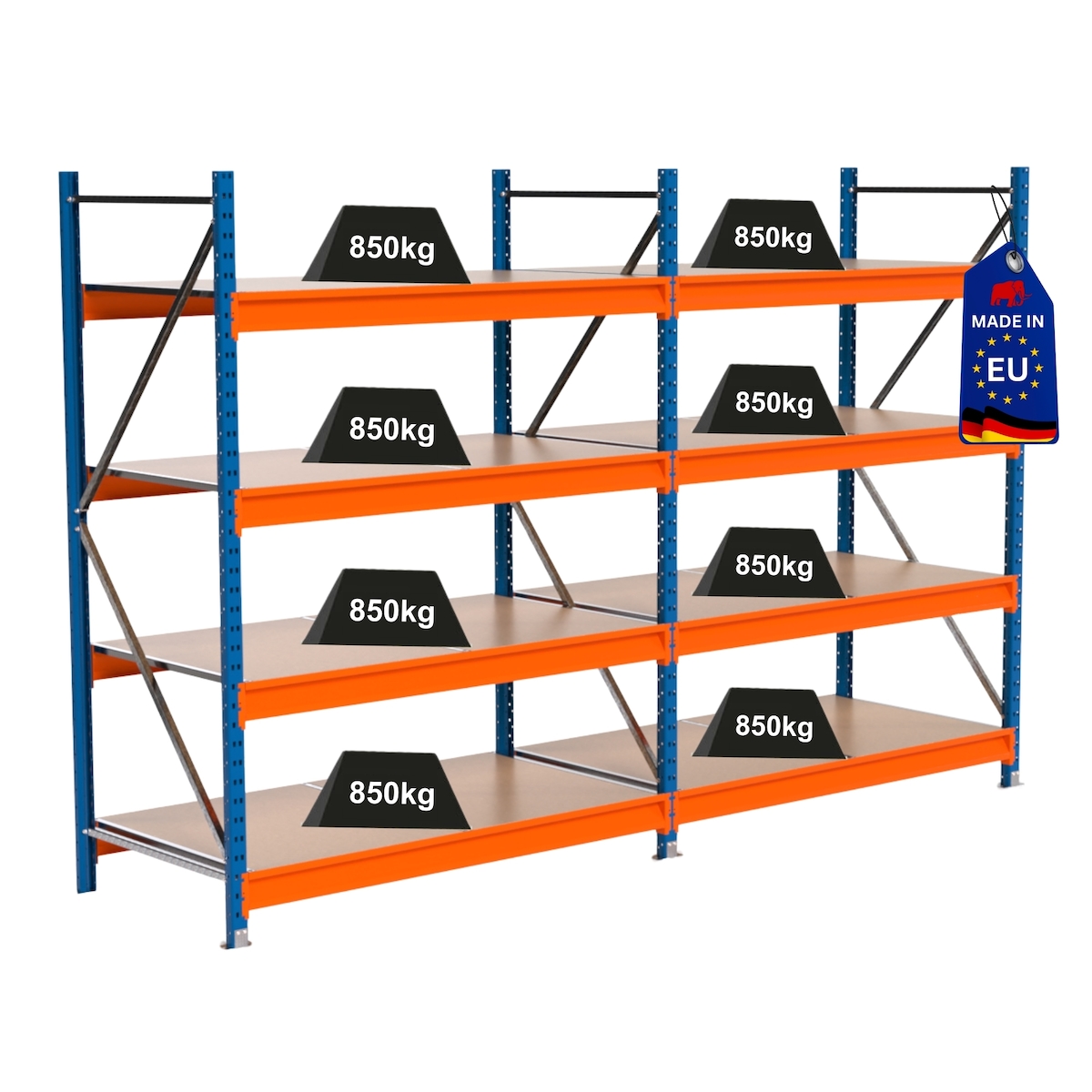 PROREGAL Industrie Schwerlastregal MAXIMUS PRO, Komplettregal, HxBxT 200x300x80cm, 4 Ebenen, Spanplatten-Fachboden, Fachlast 850 kg, Blau/Orange Image