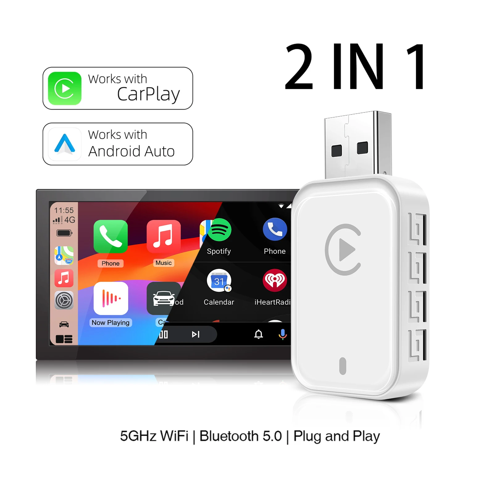 Kabelloser CarPlay-Android-Auto-Adapter für alle werkseitig kabelgebundenen Autos, 2-in-1-Plug-and-Play, wandelt kabelgebunden in kabellose Passform für 99 % Auto um Image