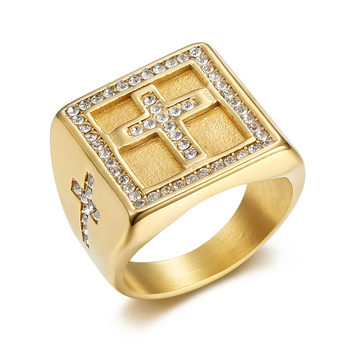 Commercio all'ingrosso 316L in acciaio inox placcato oro 18K intarsio anello a croce zircone diamante Jesus gioielli Punk per gli uomini donne regalo