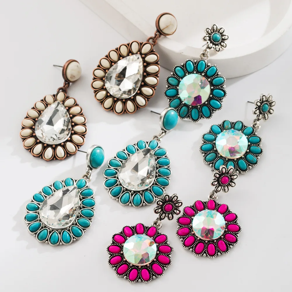 KAIMEI 2025 nuovo arrivo moda all'ingrosso vendita calda turchese orecchini retrò Western grandi diamanti in vetro orecchini per donna