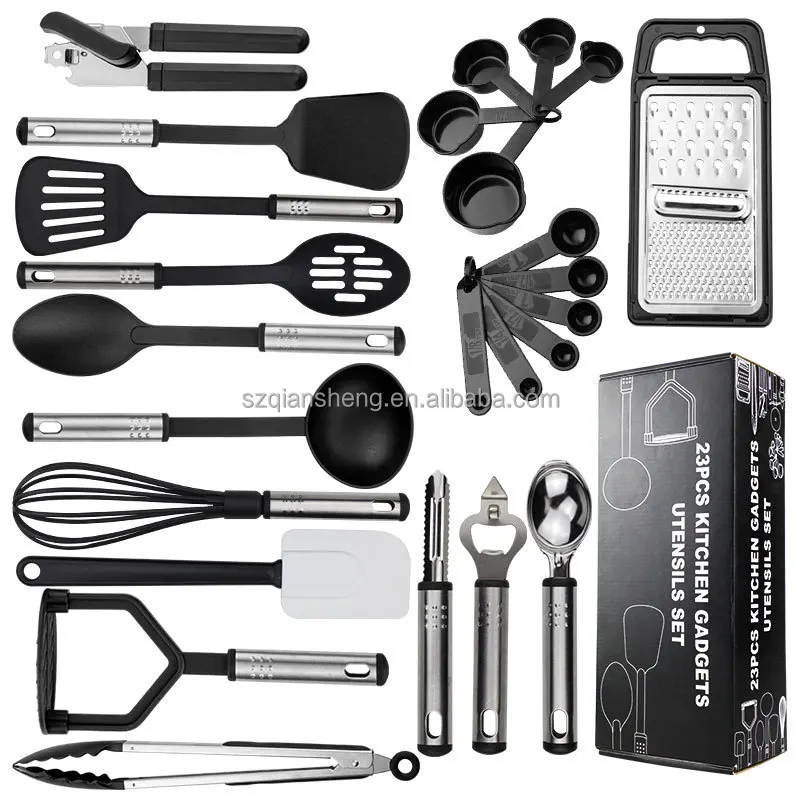Set di Utensili da Cucina 24 Pezzi Set di Spatole Antiaderenti Set di Utensili da Forno in Nylon e Acciaio Inox con Silicone QS5862
